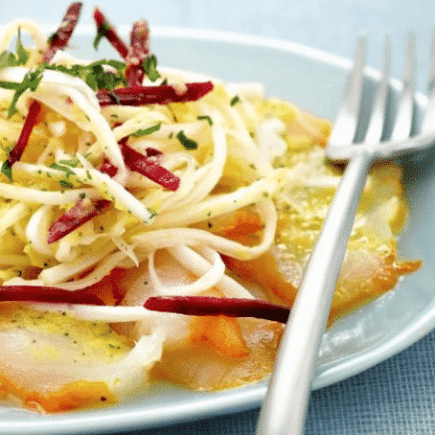 Endives et carpaccio de haddock, sauce mangue