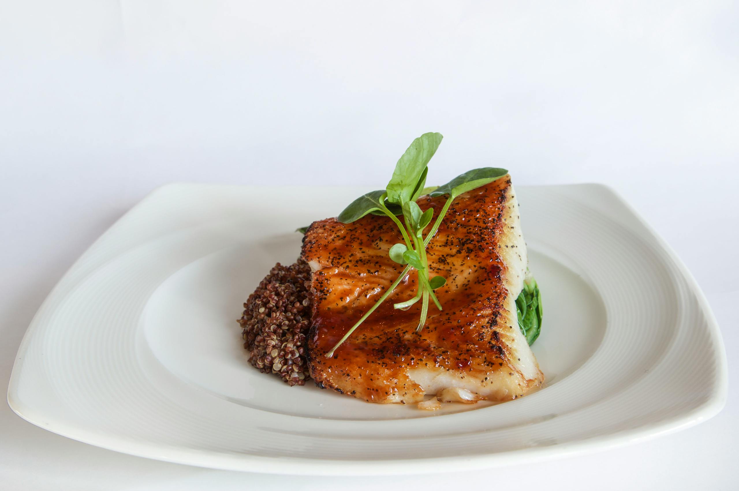 Close-up of a gourmet grilled fish fillet with quinoa on a white plate.