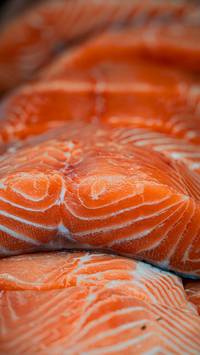 Close-up of fresh salmon fillets displayed at a market in Toronto.
