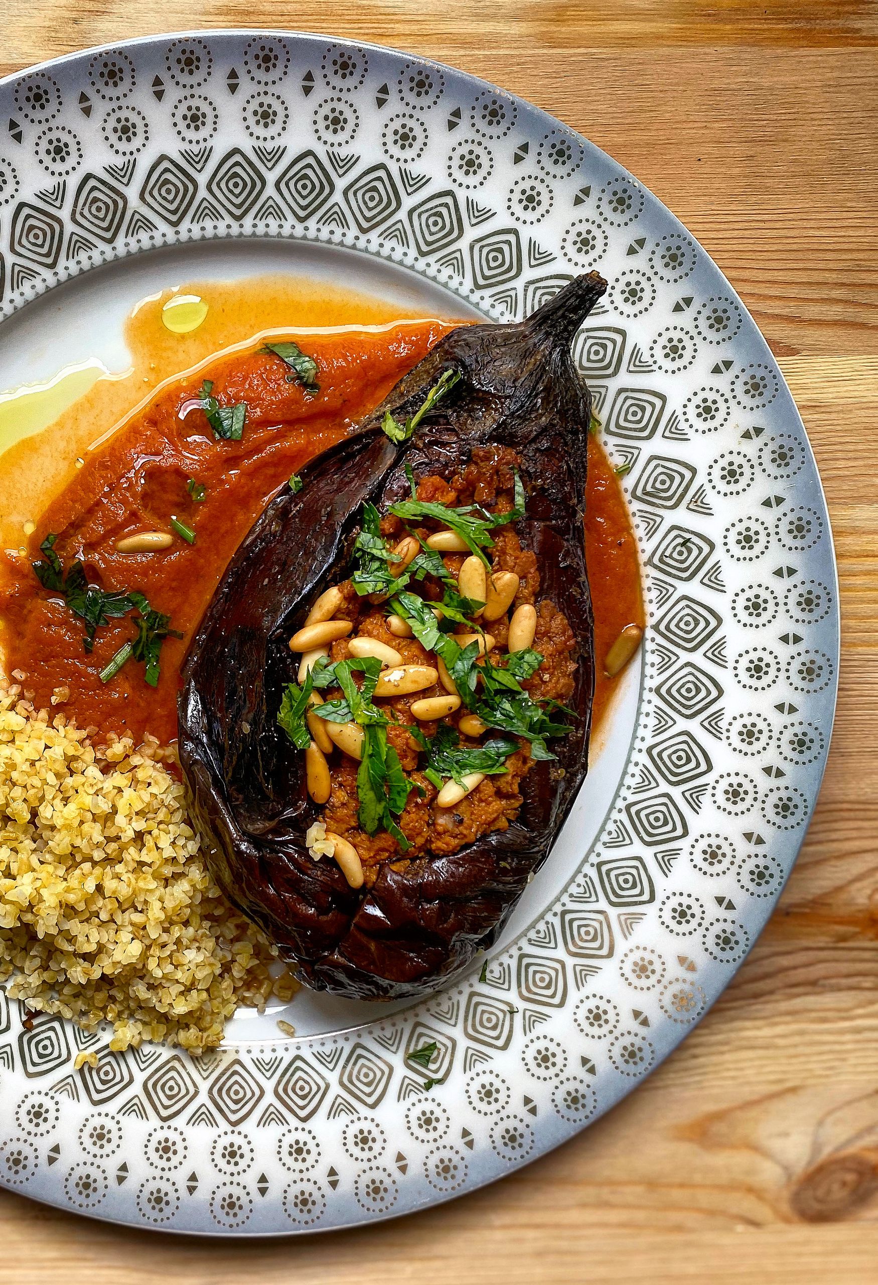 Stuffed aubergine dish with pine nuts served in Paris showcases Turkish cuisine.