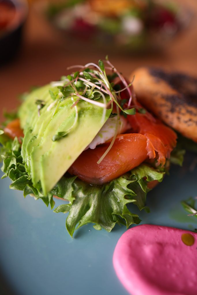 Delicious open-faced bagel with avocado, salmon, and microgreens