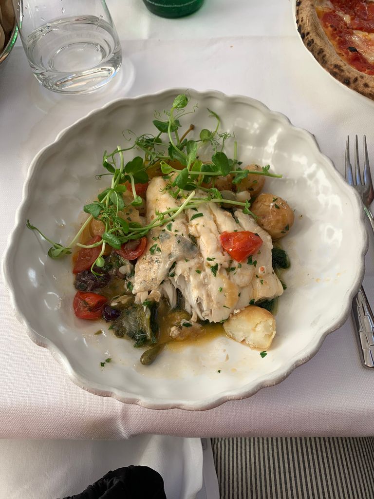 A plate of grilled fish served with a mix of roasted vegetables and microgreens.