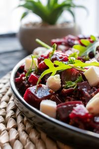 Close-up of a vibrant beetroot and feta salad, capturing the freshness and colors.