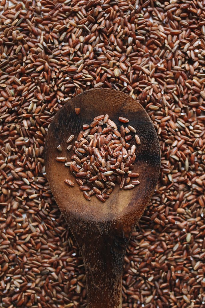 Close-up of a wooden spoon filled with raw brown rice grains, ideal for food and nutrition concepts.