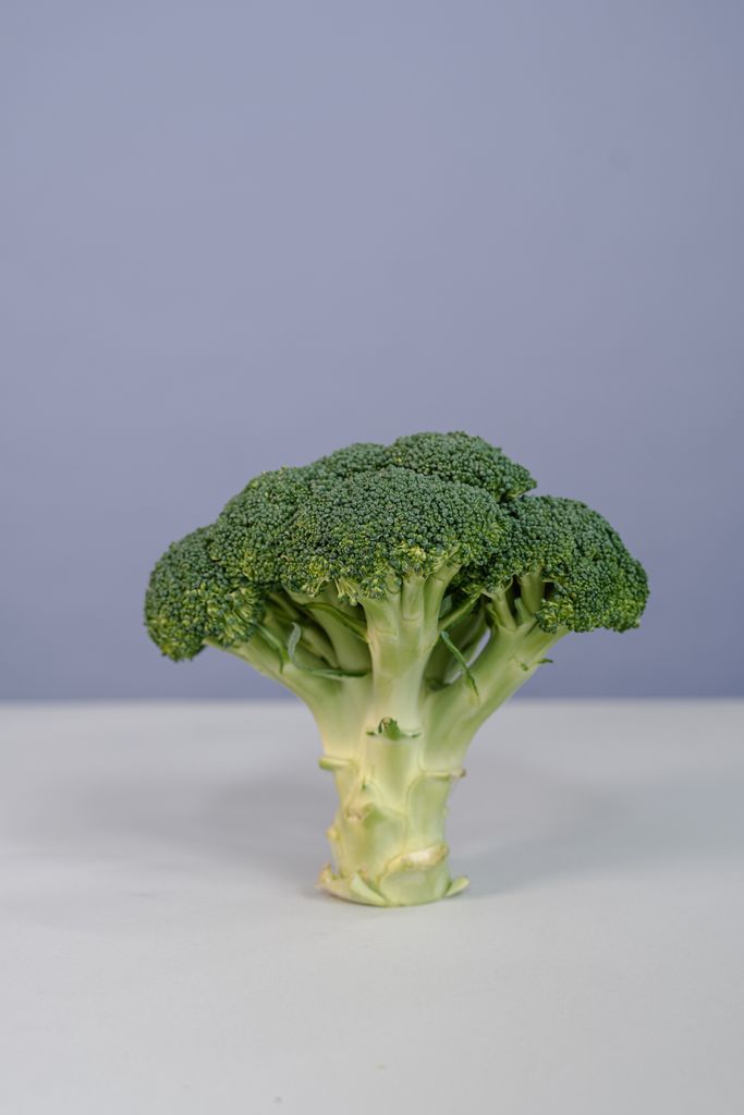 Close-up of fresh green broccoli on a neutral background. Ideal for health and food themes.