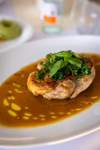Delicious grilled chicken with fresh herbs in rich sauce on a white plate.