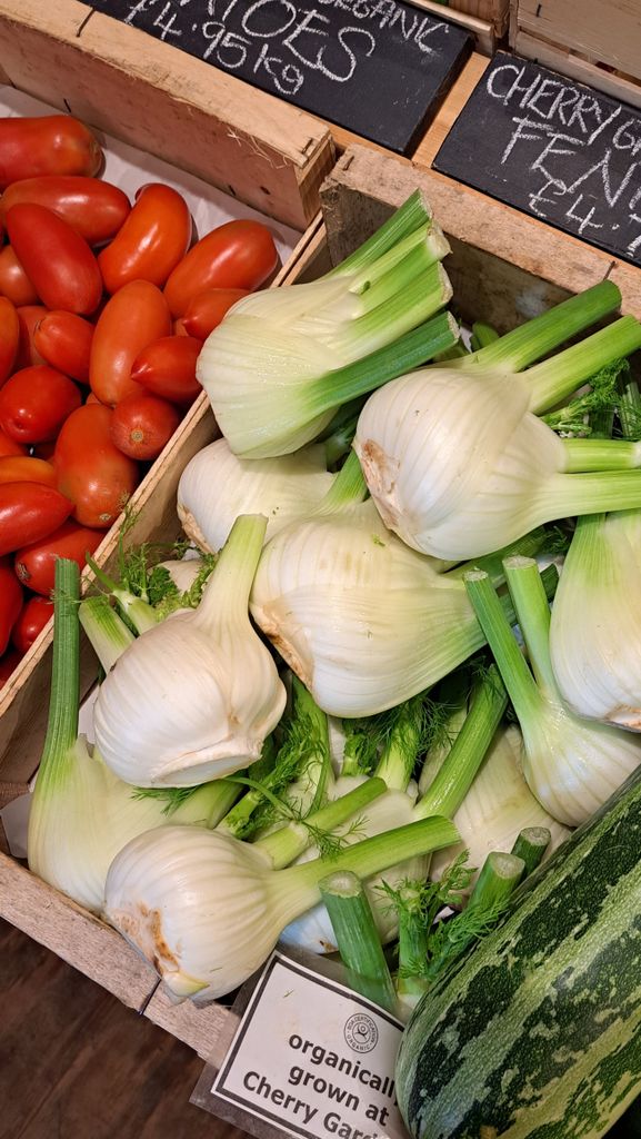 High angle view of fresh organic vegetables including fennel and tomatoes at a local market.